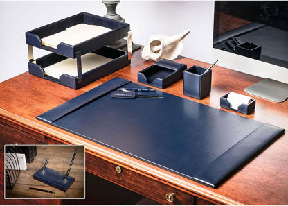 Dacasso Navy Blue Bonded Leather Luxury 9-Piece Desk Set - Blotter Pad & Desk Organization Essentials - Executive Decor and Surface Protector