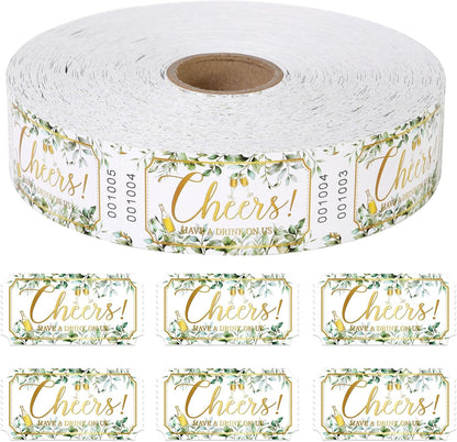 1000 Pcs Drink Ticket Single Raffle Tickets Roll Greenery Eucalyptus Leaves Golden Cheers Cocktail Design Free Drink Ticket for Events Wedding Work Formal Parties Leisure Class Reward