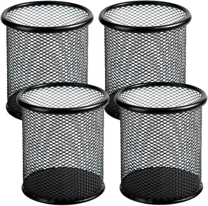 Ameceres 4 Packs Wire Mesh Pencil Holder Metal Pen Cup Desk Pen Organizer Case Pencil Jar Black for Office Home (Black)