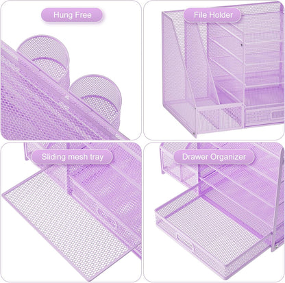 Marbrasse Desk Organizer with File Holder, 5-Tier Paper Letter Tray Organizer with Drawer and 2 Pen Holder, Mesh Desktop Organizer and Storage with Magazine Holder for Office Supplies(Purple)