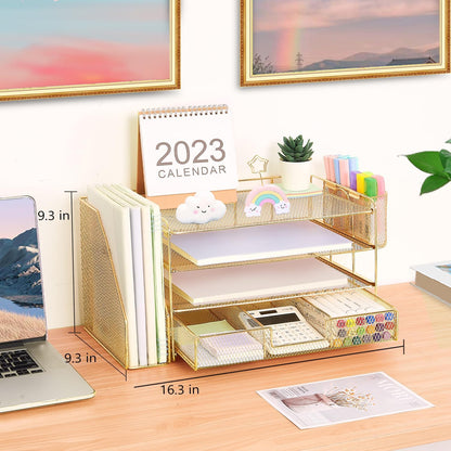 Desk Organizer and Accessories, 4-Tier Desktop File Organizer with Drawer and 2 Pen Holders, Office Desk Accessories for Office Supplies(Gold)
