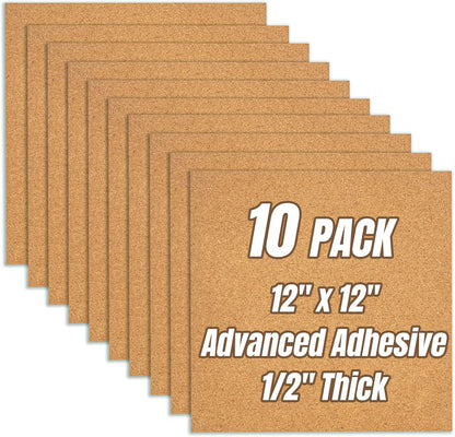 Cork Board Tiles 12"x12" - 1/2" Thick 10 Pack Cork Board Square Bulletin Boards Self Adhesive Corkboards for Walls Pin Boards Corkboards for Office Home School Decor