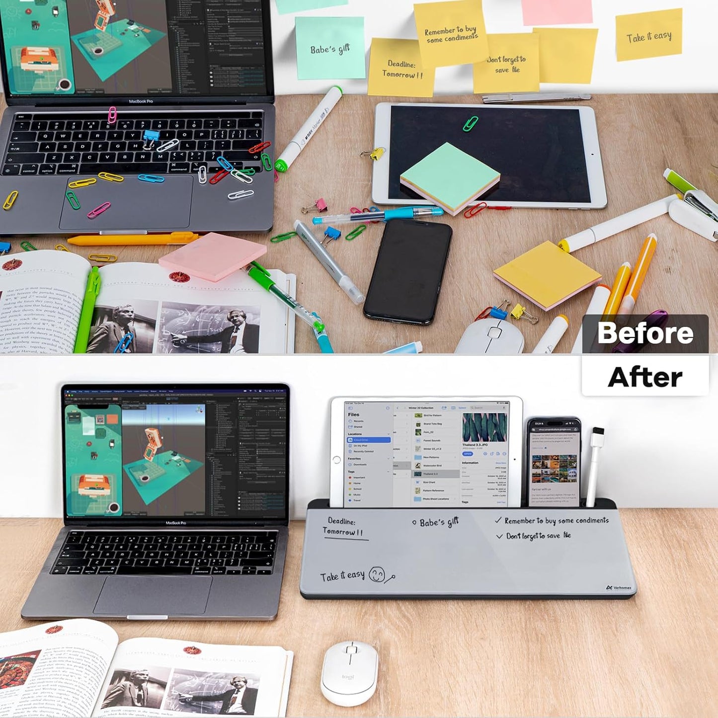 Varhomax Glass Desk Whiteboard with Storage, Desktop Organizer to-do List Memo Notepad Dry Erase White Board for Home Office and School Supplies (Black&Gray)