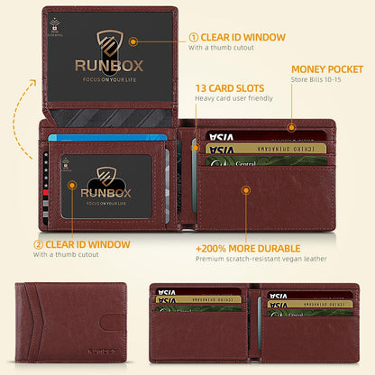 RUNBOX Wallet for Men Slim Rfid Leather 2 ID Window With Gift Box