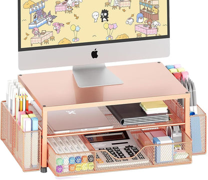 Desk Organizers and Accessories, 2-Tier Computer Monitor Stand with Drawer and 2 Pen Holders, Laptop Stand, Office Desk Accessories for Office Supplies, Rose Gold