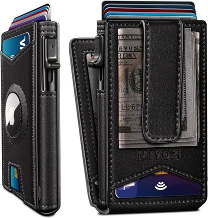 Airtag Wallet for Men,with Money Clip Gift Boxed,Slim Front Pocket Wallet RFID Blocking Metal Case Smart Pop-up Credit Card Holder in Magnetic Leather Flip