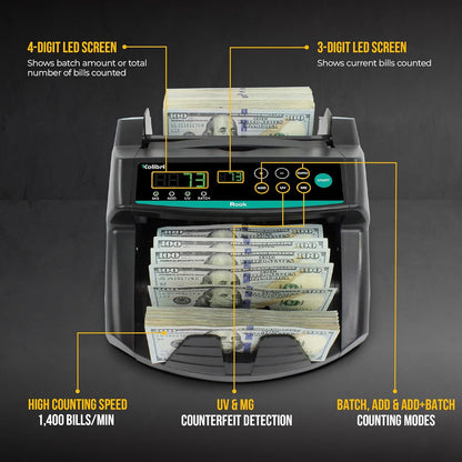 KOLIBRI Rook Money Counter with UV/MG/IR Counterfeit Detection – Count, Add & Batch Modes, 1,400 Notes per Minute Fast Bill Counter - US Dollar Cash Counter with Dual LED Display (1-Year USA Warranty)
