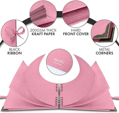 Bstorify Square Scrapbook Photo Albums 7 x 7 Inch Pink Thick Paper, Hardcover, Metal Corners, Ribbon Closure - Ideal for Your Scrapbooking Albums, Art & Craft Projects