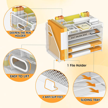 5 Tier Paper Letter Tray with File Holder and 3 Drop-in Pen Holders, Mesh Desk File Organizer with Handle, Desk Organizers and Accessories for School,Home, Office Supplies Storage-White