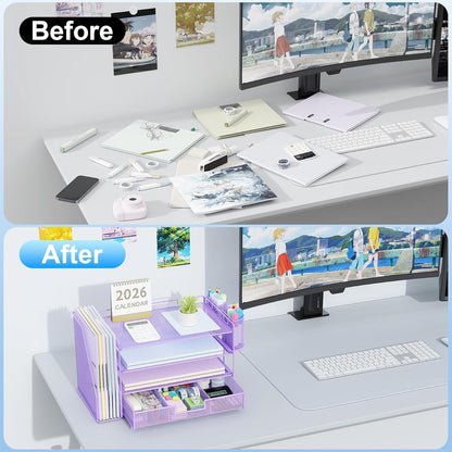 gianotter Desk Organizers and Accessories with File Holder, 4-Tier Desk Accessories & Workspace Organizers with Drawer and 2 Pen Holder, Paper Organizer for Office Supplies (Purple)