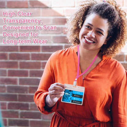 Marspark 100 Sets Clear Name Tags with Lanyard, Lanyards for ID Badges Reusable Strap with ID Holder Plastic Name Badges for Adults Business School Church Conference (Pink)