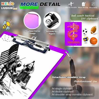 Aluminum Metal Clipboard with Detachable Adjustable Shoulder Strap A4 Double Clip Board Stainless Hangable w/Pen Holder Letter 9" x 12.6" for School Office Business Factory (Purple-with Strap, A4)