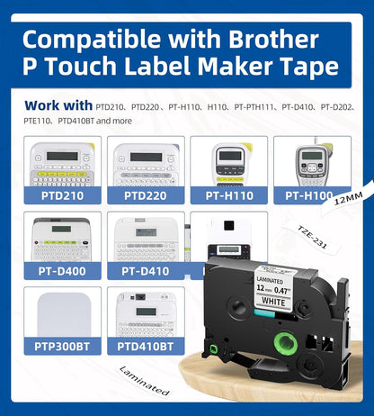 Label Maker Tape, Compatible with Brother P Touch Label Tape, TZe-231 12mm 0.47 Black Ink on White Tze Tz Laminated White Replace for Brother Ptouch PT-D210 PTH110 PTD220 PTD410, 5 pk