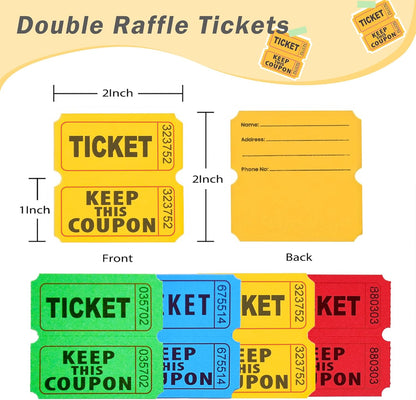 4800 Double Raffle Tickets, 1200 Tickets Per Roll, Assorted 50/50 Raffle Tickets Roll for Events, Entry, Carnivals, and Door Prizes (Blue/Red/Green/Yellow)