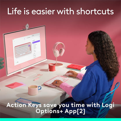 Logitech POP ICON Keys Wireless Bluetooth Keyboard, Comfortable Typing, Programmable Keys, Easy-Switch Between up to 3 Devices, for Laptop, Tablet, PC – Rose and Off-White