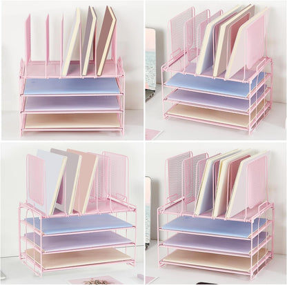 Paper Desk Organizer, 3-Tier Letter Tray with 5 Vertical File Holders, Multifunction Desktop Folder Organizers and Accessories for Home Office(Pink), LK-3CB