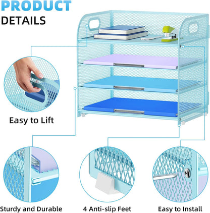 Marbrasse 4 Tier Paper Organizer Letter Tray - Mesh Desk File Organizer with Handle, Paper Sorter Organizer for Letter Office File Folder Holder (Blue, 12.6" x 9.1" x 10.7")