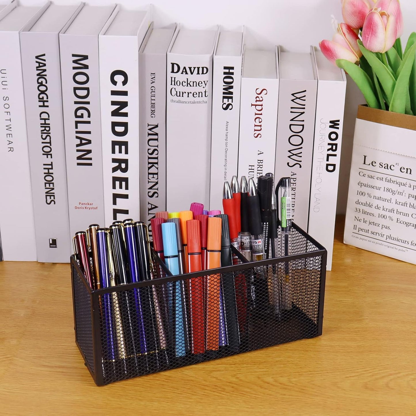 2PCS Black Mesh Pen Pencil Holder, Small Metal Desk Organizer Desktop Stationery Office Supplies Acessories Storage Stand, 3 Compartments Brushes Holder for Home School Classroom Teachers