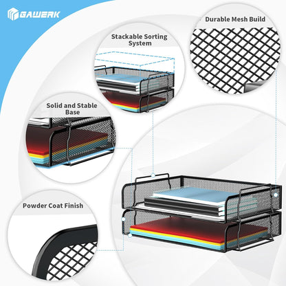 2 Tier Stackable Letter Tray, Metal Mesh File Storage Desktop Organizer for Home Office, Black