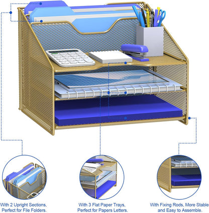 Samstar Gold Desk File Organizer, Mesh Letter File Folder Holder with 3 Paper Trays and 2 Vertical Upright Section, Gold