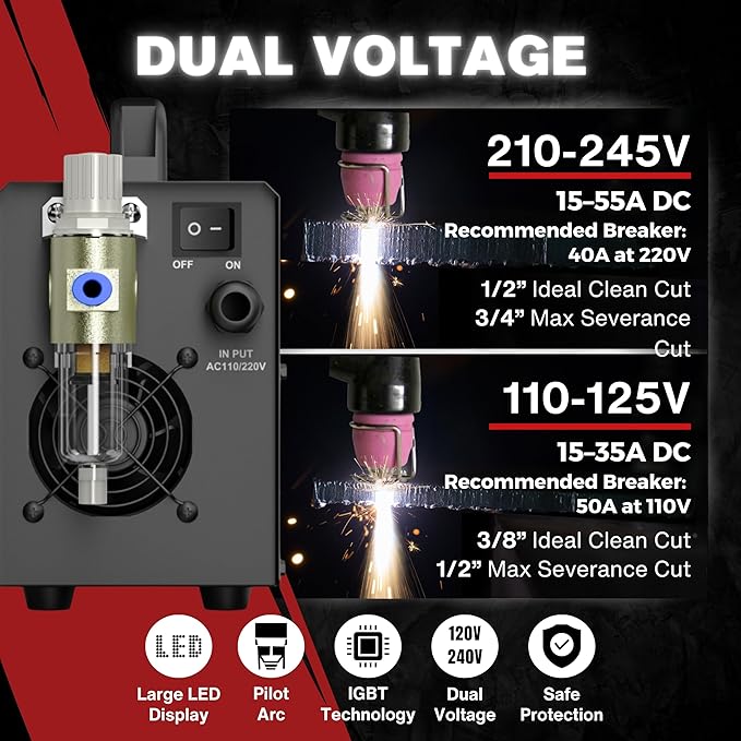 LOTOS LOP55D 55A Plasma Cutter, 1/2" Clean Cut (3/4" Sever), Non-Touch Pilot Arc, Dual-Voltage 110/220V, LED Panel, Portable Air Plasma Cutting Machine for DIY, Auto, Farm, HVAC