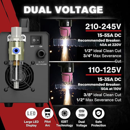 LOTOS LOP55D 55A Plasma Cutter, 1/2" Clean Cut (3/4" Sever), Non-Touch Pilot Arc, Dual-Voltage 110/220V, LED Panel, Portable Air Plasma Cutting Machine for DIY, Auto, Farm, HVAC