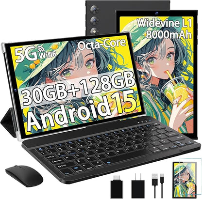 2025 Android 15 Tablet 10.1 Inch Tablets, 30GB RAM 128GB ROM 1TB Expand, 8000mAh Battery, BT5.0, 2.4/5G Wi-Fi 6, Metal Body with Keyboard & Mouse, Gemini AI, Widevine L1 HD IPS Display - Black