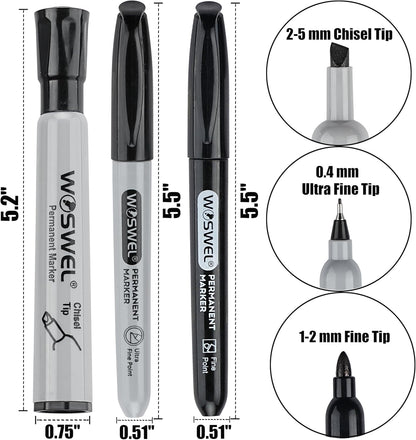 Permanent Markers 36 Variety Pack Bulk,Featuring Ultra-Fine,Chisel Tip,And Fine Tip Marker Set,Writing And Poster Black Markers,Works on Plastic,Wood,Stone,Metal and Glass for Doodling, Marking