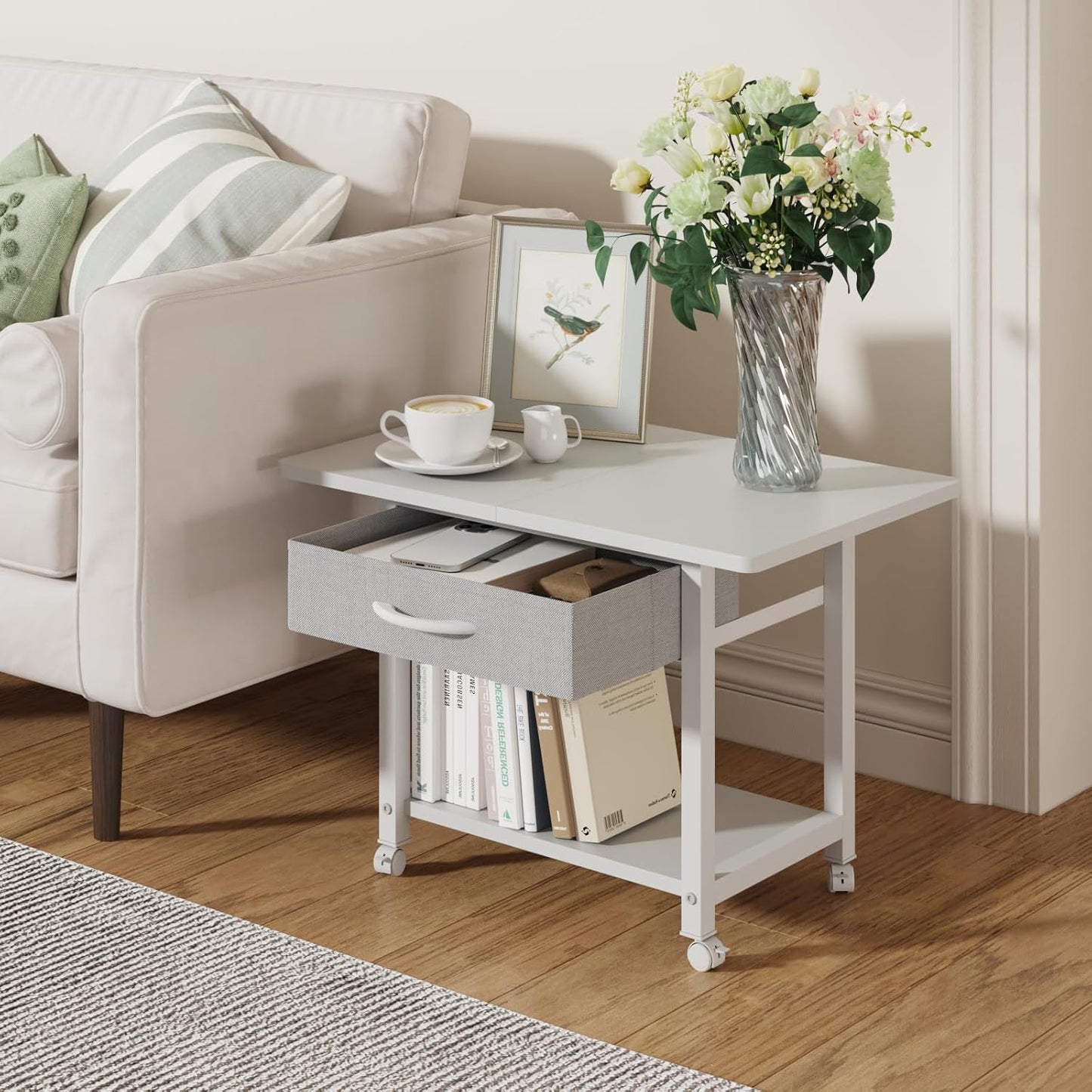 22"x15" Large Printer Stand with Storage Drawer, 2-Tier Under Desk Table for Home Office, Fits Fax Machine/3D Printer/Scanner (White)