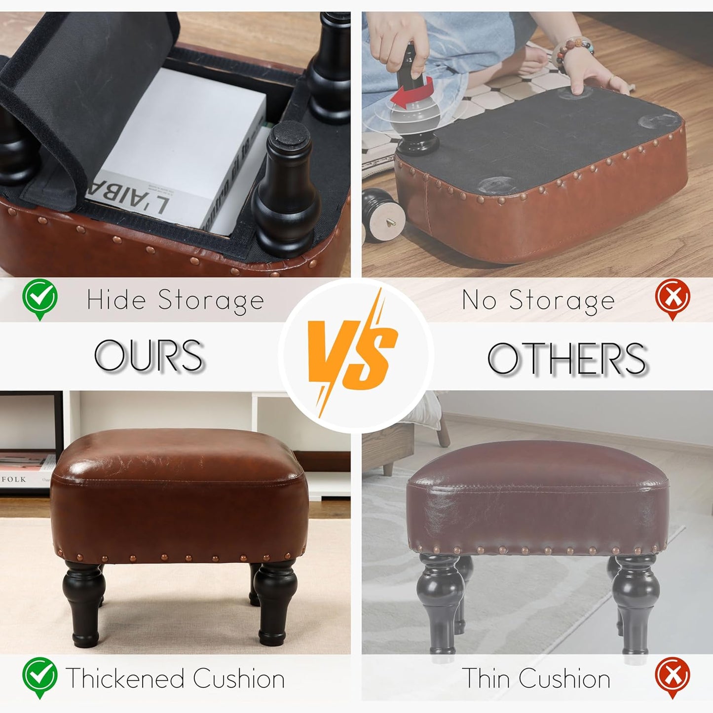 Ottoman Leather Foot Rest with Thicker Foam Padded Seat, Footstool with Wooden Legs (Brown)