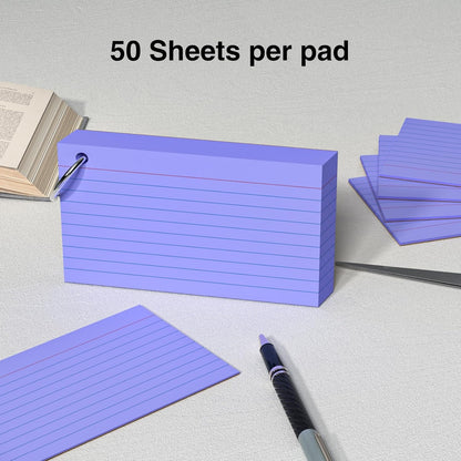 250 Count Purple Index Cards 3x5 Inch with Key Ring, Color Flash Index Card (50 Sheets Each), Durable & Portable Note Taking for Students, Teachers, Study Note Cards for Office Home School