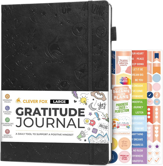 Clever Fox Gratitude Journal Large – Happiness, Positivity & Affirmation Journal – Inspirational Daily Notebook, 3 Months, 8.3x11” (Black)
