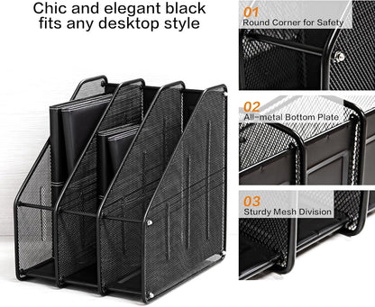 deli Mesh Magazine File Holder, Desk Organizer File Folder Document Rack for Office Organization and Storage, 3 Vertical Compartments, Black