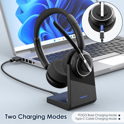 Wireless Headset, Bluetooth Headset with AI Noise Cancelling Mic, Bluetooth V5.2 Headphones with USB Dongle, Charging Base & Mic Mute for PC/Cell Phones/Call Center (Black)