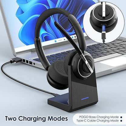 (2025 Upgraded) Wireless Headset with Mic for Work, Bluetooth Headset with Noise Canceling Microphone with Dongle, Charging Base & Mic Mute, Wireless Headphones for Work from Home/PC/Computer
