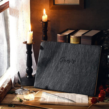 Leather Guest Book and Pen Stand Set, 10.5" x 8" Embossed Guests Sign in Book Registry Book for Funeral, Wedding Reception, Vacation Homes and Events, 80 Sheets (Black)