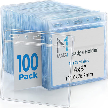 Mata1-USA Plastic Horizontal Card Protector (Clear, 4x3 Inch, 100 Pack), Large Size No Zipper ID Name Badge Holder