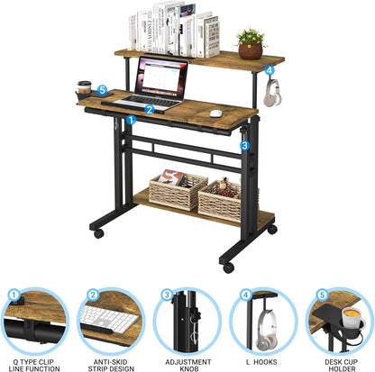 Mobile Standing Desk, Adjustable Rolling Computer Desk with 3 Desktops, Portable Laptop Table with Cup Holder, Home Office Laptop Workstation on Lockable Wheels, Black, Rustic Brown