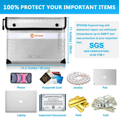 Upgraded Fireproof Document Bag 5200°F, 14.2” X 11” Waterproof Fireproof Bag with Zipper, 8 Layers of Heat Insulated Materials, Fireproof Money Bag for Cash, Important Documents and Valuables fire bag