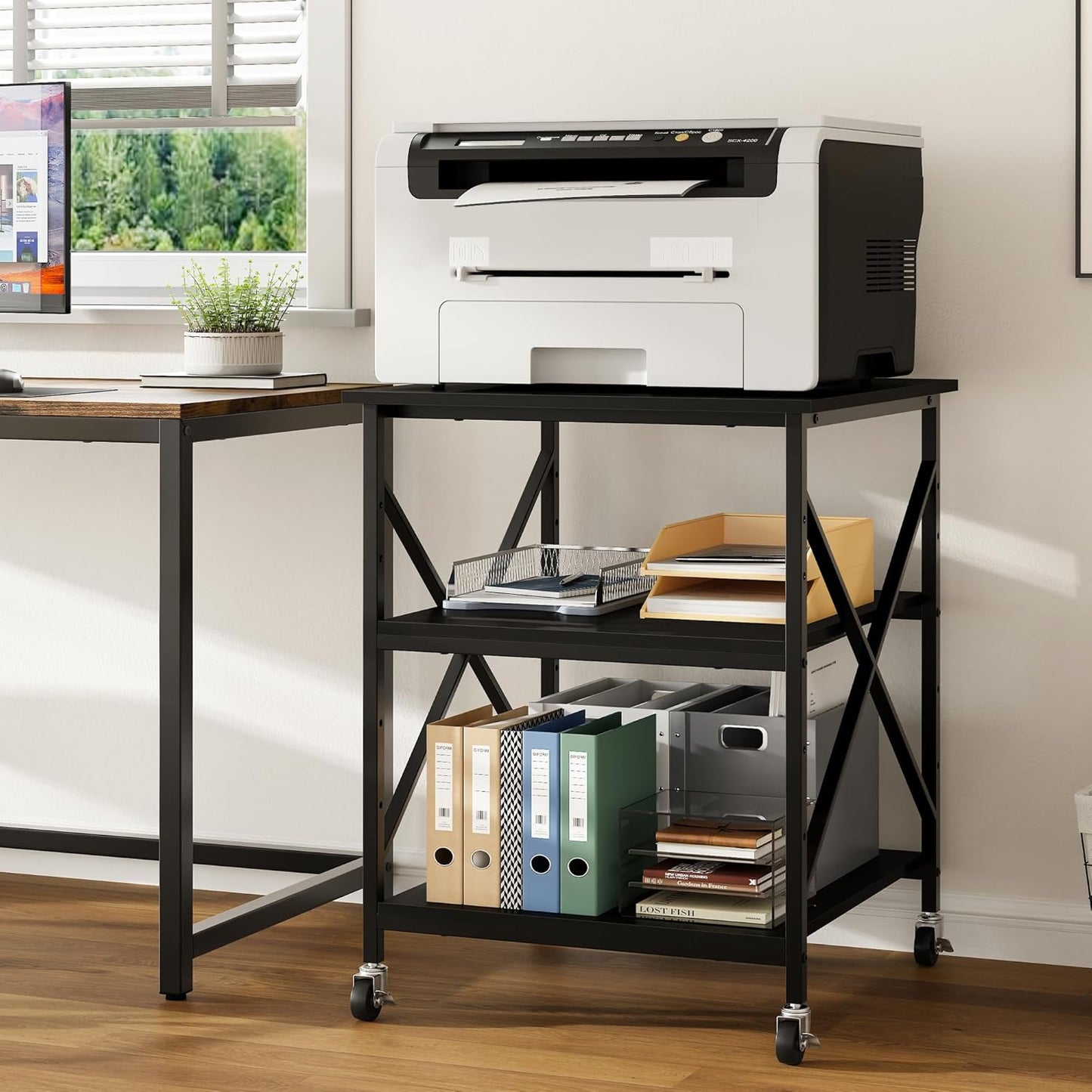 Warmiehomy 24"x24"x30" Large Printer Stand with Storage, 3 Tier Rolling Printer Cart Table, Mini Fridge Stand with Wheels, Use for 3D Laser Printer Home Office, Black