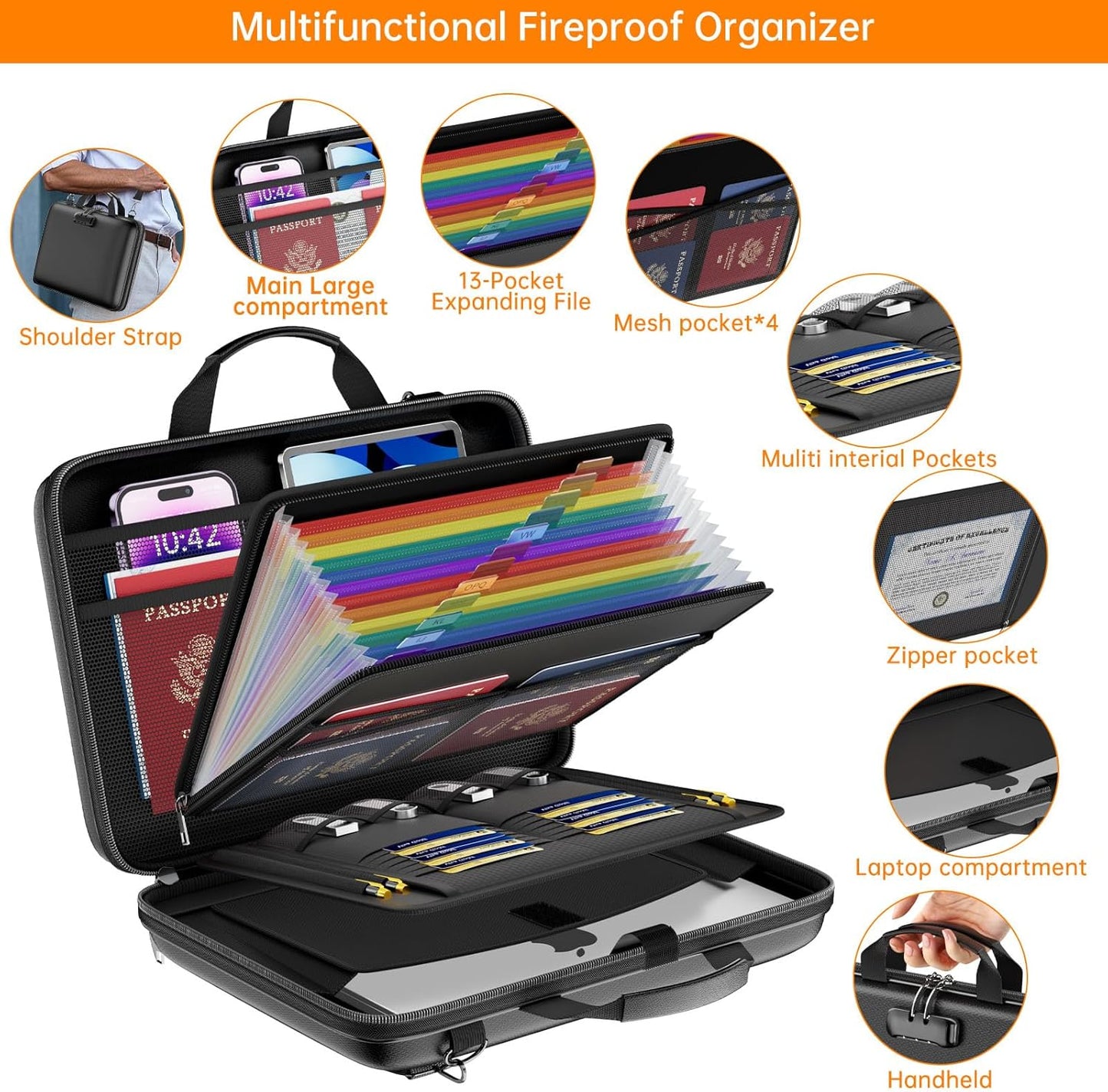 Fireproof Document Organizer with Lock,Hard-Shell Case Fireproof Document Box with Shoulder Strap,Portable File Organizer with 13 Pocket Accordion File Folder for Files Laptop Black