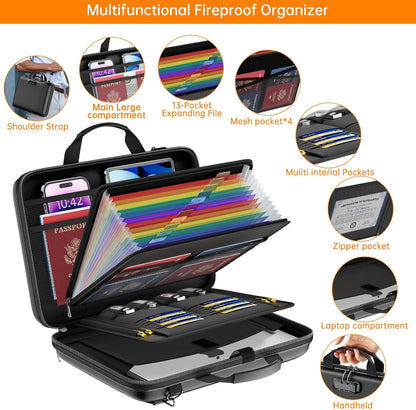 Fireproof Document Organizer with Lock,Hard-Shell Case Fireproof Document Box with Shoulder Strap,Portable File Organizer with 13 Pocket Accordion File Folder for Files Laptop Black