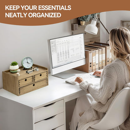 KIRIGEN Desk Organizer with Drawers - Wood Drawer Storage Box with Trays for Tabletop - Workspace Office Toiletries Supplies Tool Caddy - Wooden Storage Cabinet Dark Brown（DT2D3C-DBR）