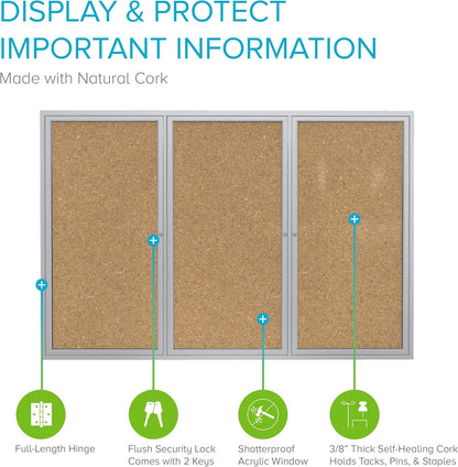 Ghent 48"x 96" 3-Door indoor Enclosed Bulletin Board, Shatter Resistant, with Lock, Satin Aluminum Frame - Natural Cork (PA34896K)-Made in USA