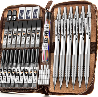 Nicpro 33PCS Metal Mechanical Pencil Set in Leather Case, Art Drafting Pencil 0.3, 0.5, 0.7, 0.9 mm, 2mm Lead Pencil Holders for Sketching Drawing With 18 Tube (6B 4B 2B HB 2H 4H Colors) Lead Refills