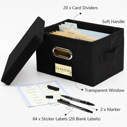 Greeting Card Organizer and Storage Box with 20 Pcs Adjustable Dividers, Storing Cards with 84 Pcs Labels Perfect for Storing Greeting Cards, Envelopes, Photos 1 Pack Black