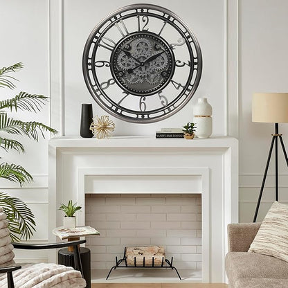 CLXEAST 28 Inch Large Industrial Moving Gear Wall Clock for Living Room Decor, Modern Farmhouse Decorative Clock for Dinning Room,Gunmetal Silver,House Warming Gifts New Home