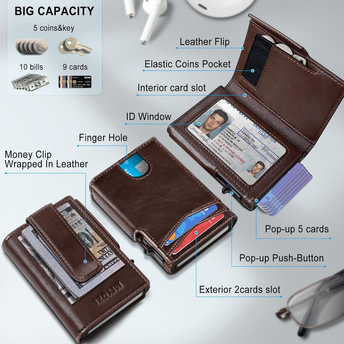 Wallet for Men with Money Clip Coins Pocket ID Window Gift Boxed,Slim Smart Front Pocket RFID Blocking Wallet Pop-up Card Holder in Magnetic Leather Flip 3.9"x 2.7"