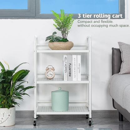 HDANI 3 Tier Rolling Cart,Heavy Duty Multifunctional Metal Frame-Supports 22 Lbs Per Tier,Rolling Cart with 2 Lockable Wheels for Office,Home,Bedroom,Kitchen,Bathroom (White)…