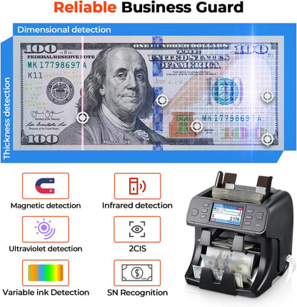 MUNBYN 2-Pocket Money Counter Machine Mixed Denomination, Money Sorter, Built-in Printer, Sort on DENOM/FACE/ORI, Value Counting, 2 CIS/UV/MG/IR Counterfeit Detection, Touch Screen, 2Y Protection